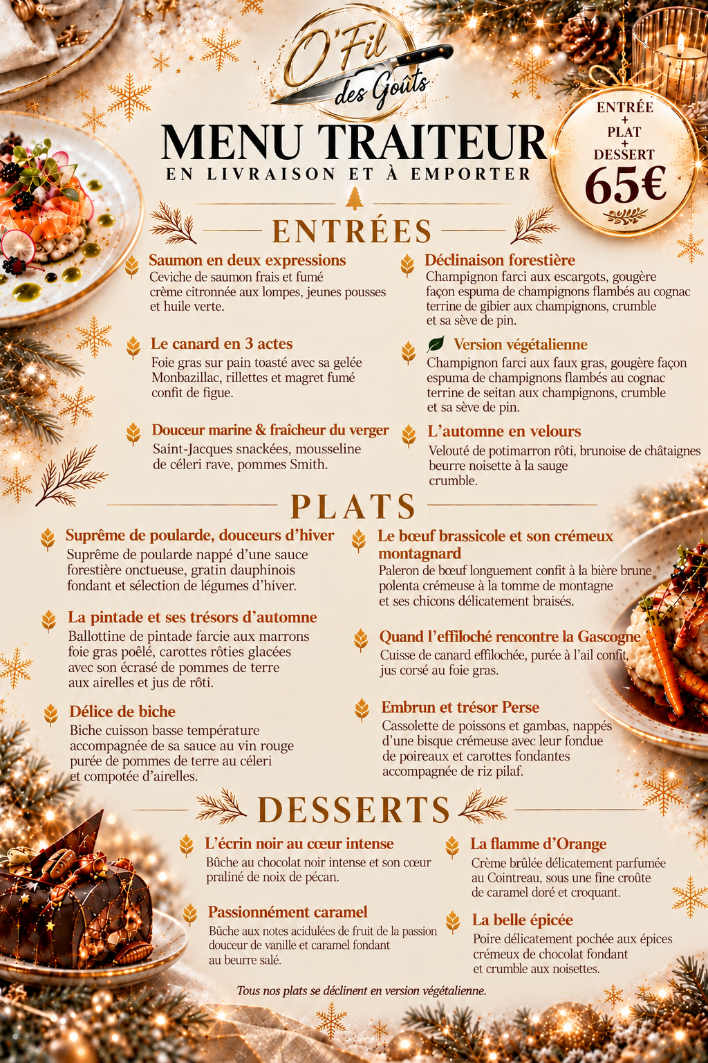 Carte traiteur des entrées, plats et desserts O’Fil des Goûts